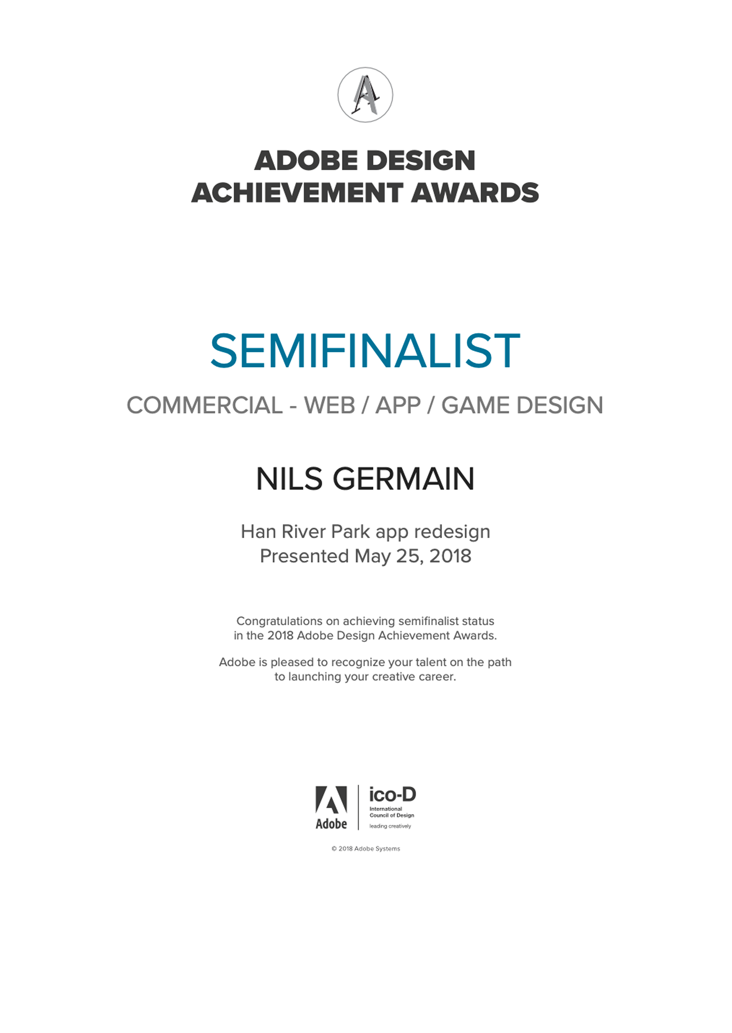 Adobe Design Achievement Awards Semifinalist certificate