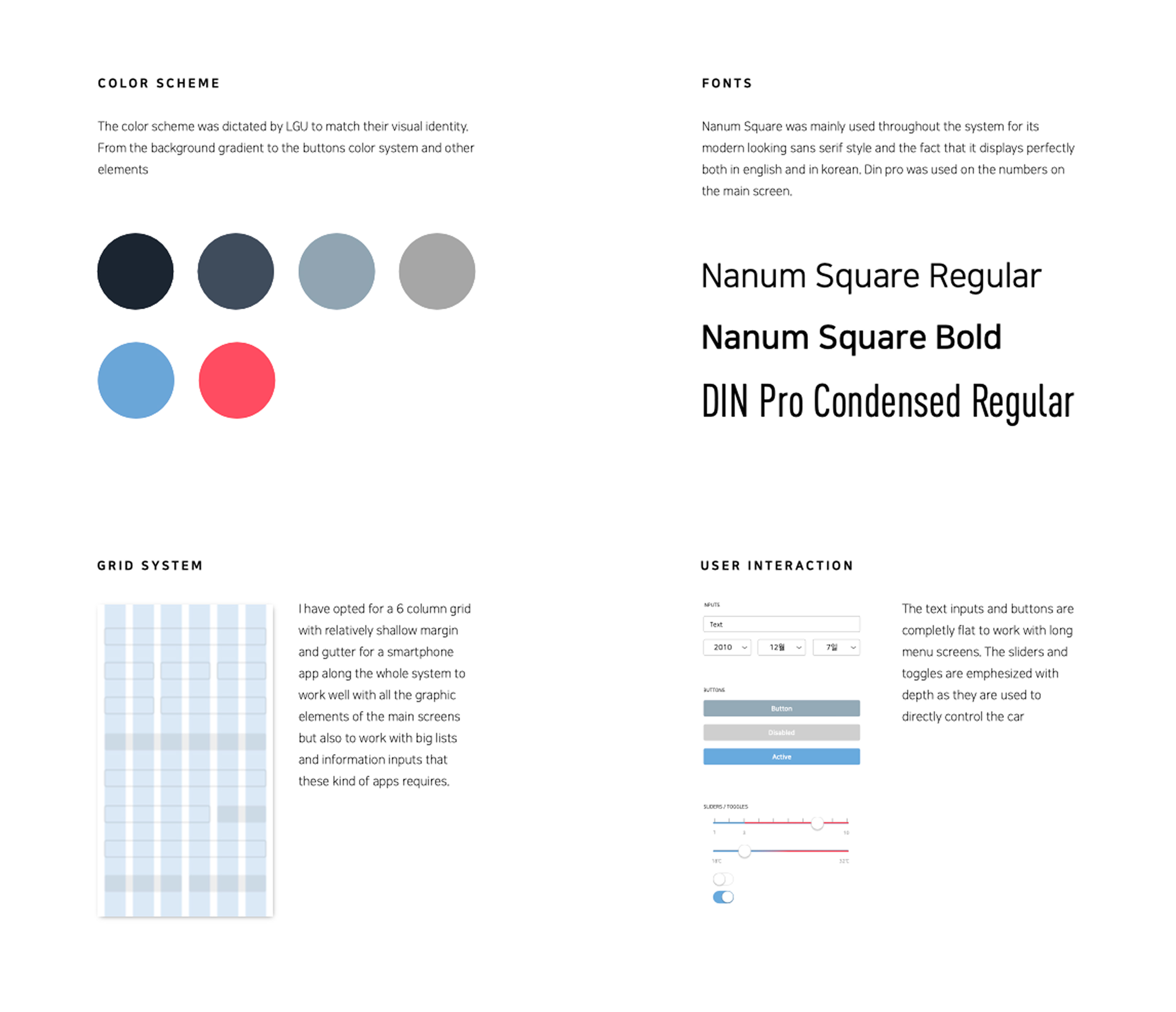 Design system: color scheme, fonts, grid system and user interaction